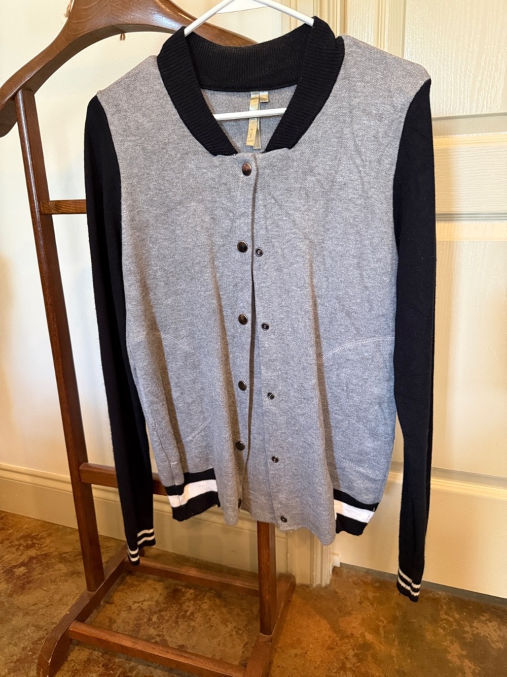 Mono B Gray and Black Button Cardigan with Stripe Cuffs